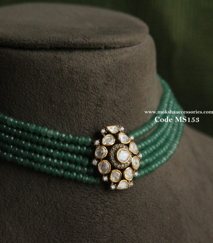 92.5 silver emerald beads choker with emerald stone pendant (6.4 gms)