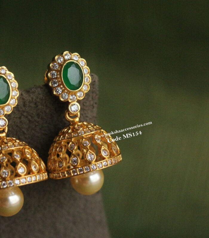 92.5 Silver emerald and cz stone jhumki (12.40 Gms)