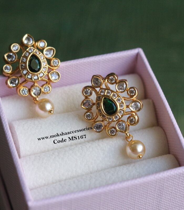92.5 silver cz and emerald stone studs with pearl drops (8.8 gms)