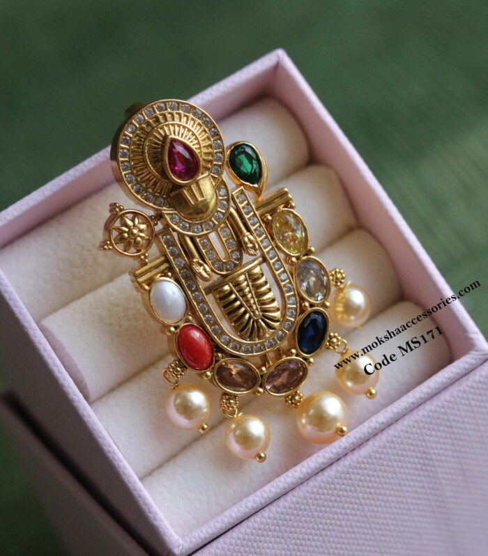 92.5 silver Navrathan stone Balaji pendant with back hook (15.3 gms)