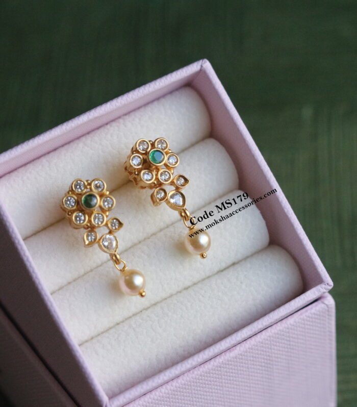 92.5 silver CZ emerald stone studs with pearl drops (4.3 gms)