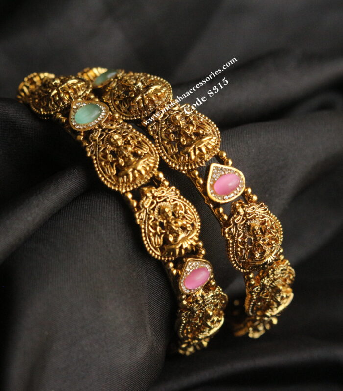 Lakshmi devi bangles with mint green and lite pink stones set of 2 (Available sizes 2.8-4, 2.6-4, 2.4-4)