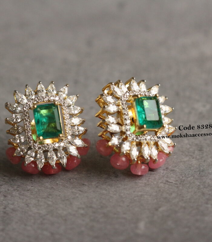 CZ emerald stone studs with pink beads
