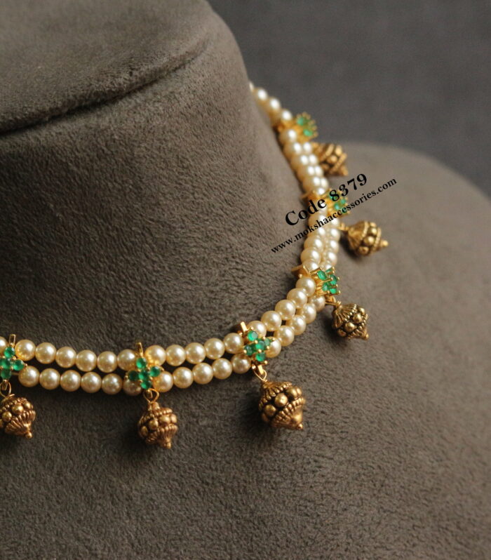 CZ emerald stone pendant with sarvoski pearls and antique gold balls