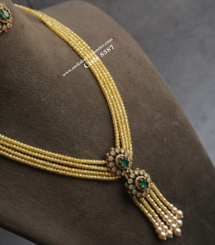 Emerald stone victorian pendant set with yellow real cz beads and sarvoski pearls