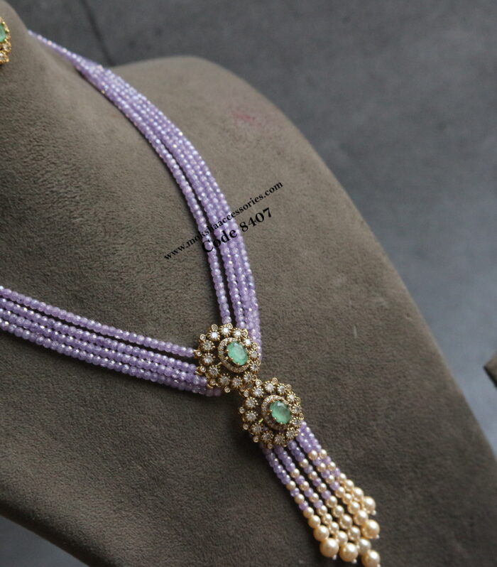 Mint color stone victorian pendant set with purple real cz beads and sarvoski pearls