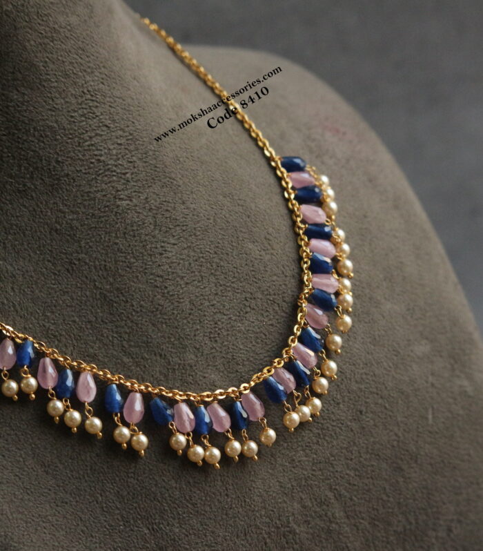 Real cz pink and blue beads with pearls and gold chain