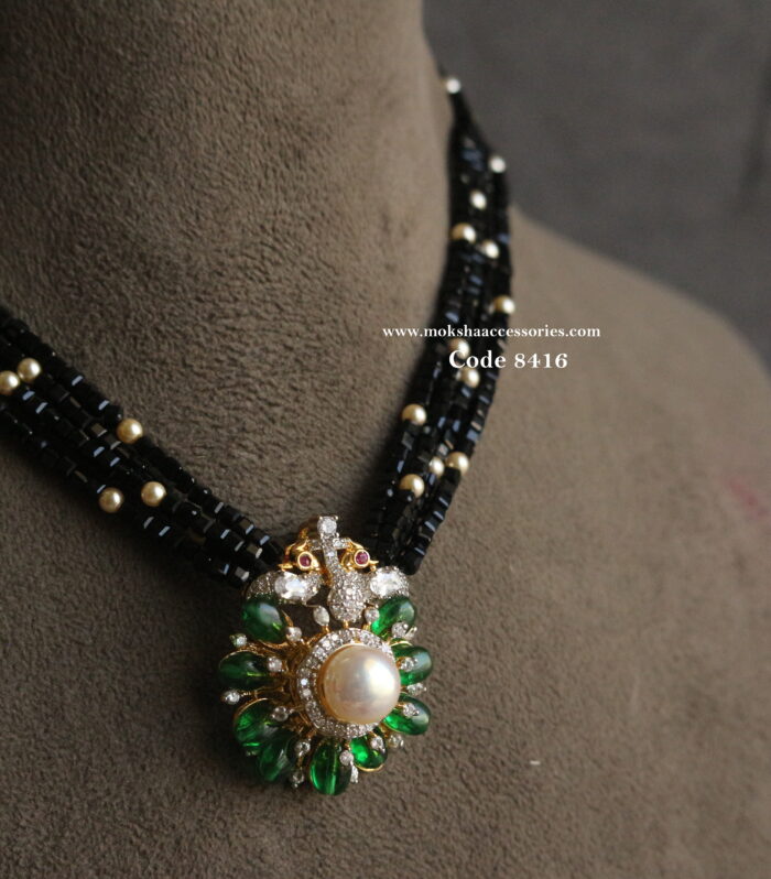 CZ emerald bead pendant with black square beads and sarvoski pearls