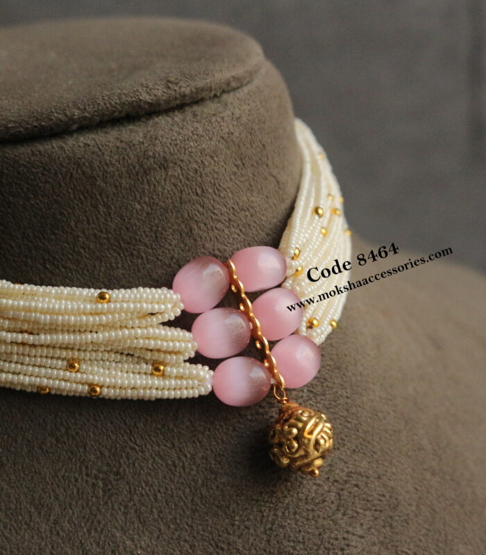 Pearl choker with pink beads and antique gold ball