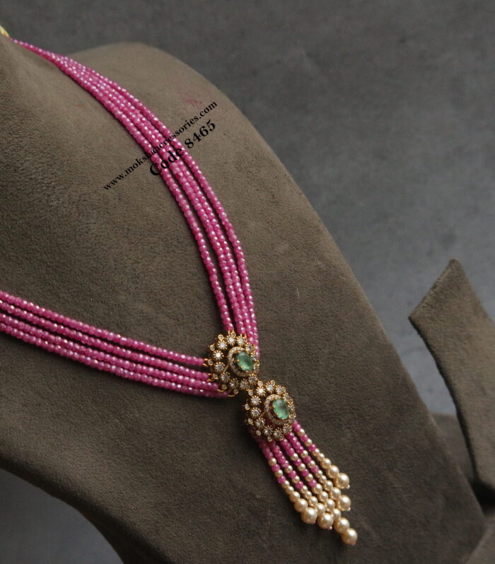Antique pendant set with real cz pink beads mala
