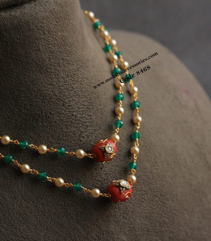 Real coral with emerald and sarvoski pearl necklace