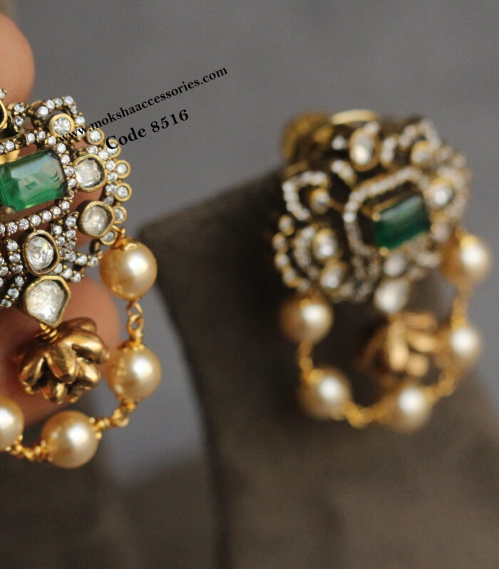 Emerald stone victorian earrings with pearl chain and antique gold balls