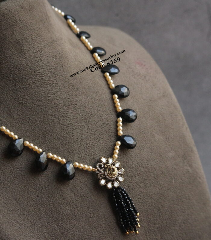 Black beads with victorian pendant and sarvoski pearls