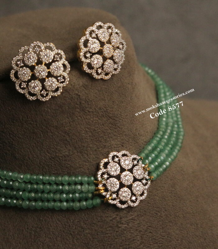 CZ diamond alike pendant set with emerald beads choker