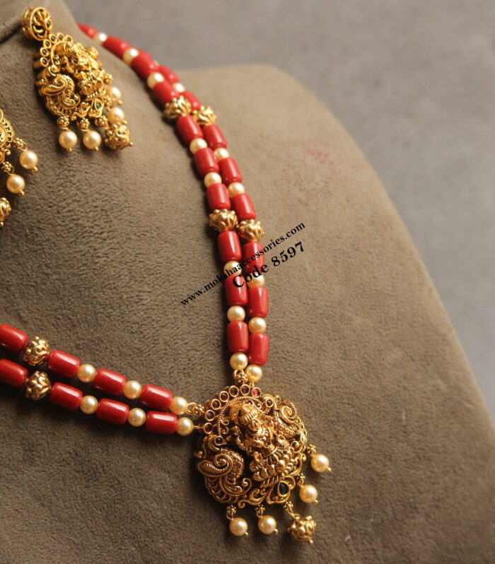 Coral and antique gold balls mala with nakshi lakshmi devi pendant set