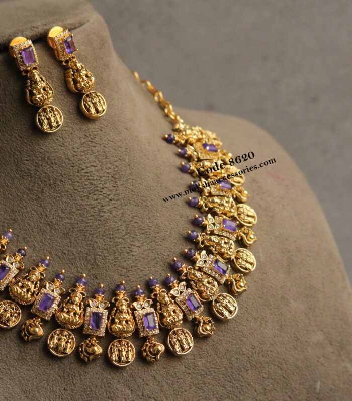 Nakshi finish laskhmi devi neckset with purple stones