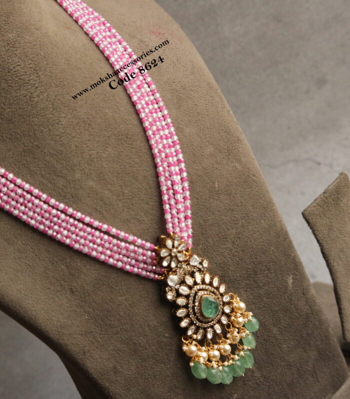 Emerald mozonite stone pendant with real cz pink and white beads mala