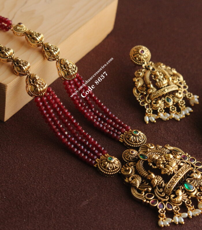 Lakshmi devi pendant set with ruby maroon beads