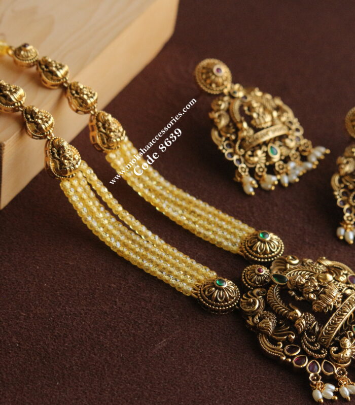 Lakshmi devi pendant set with real cz yellow beads
