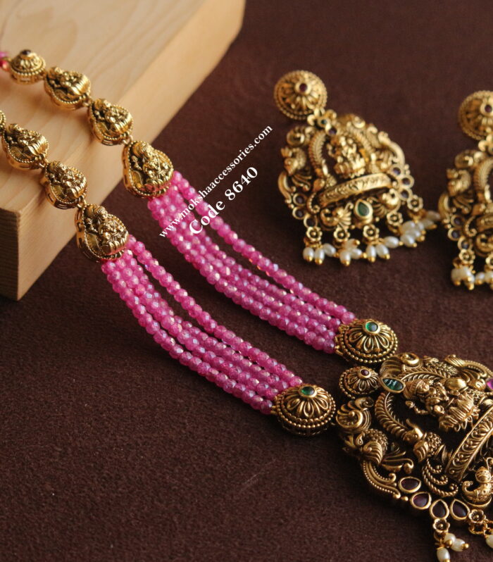 Lakshmi devi pendant set with real cz pink beads