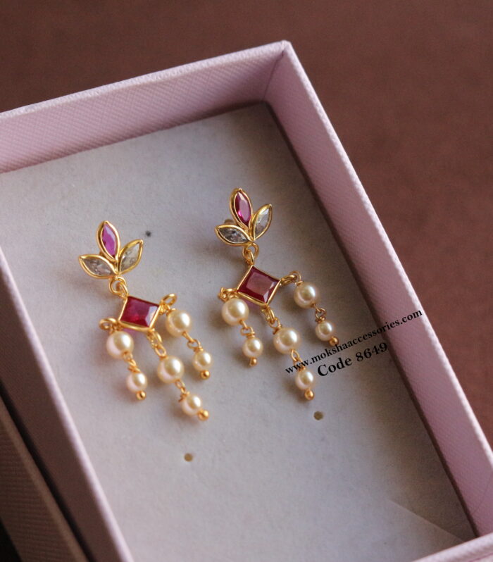 CZ pink and white stone earrings with sarvoski pearl drops