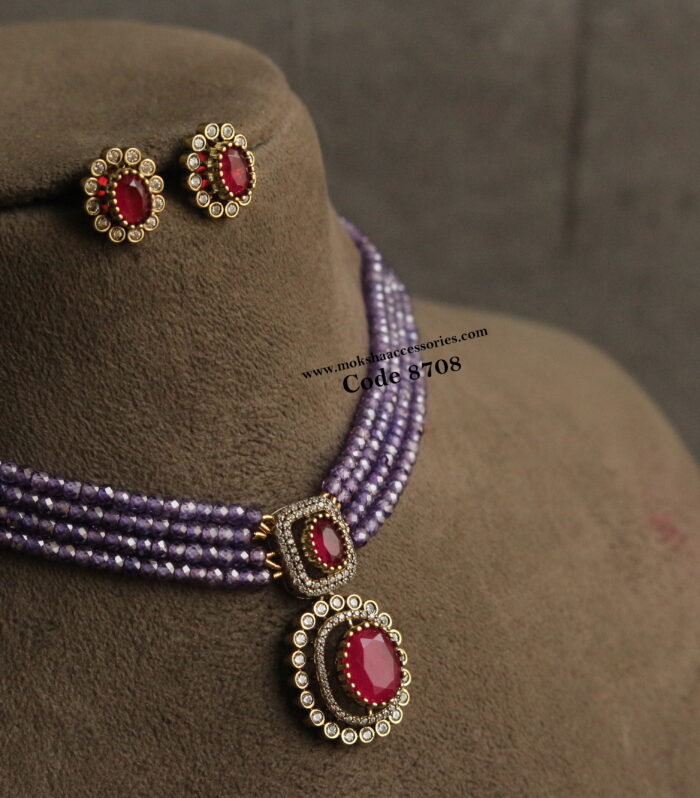 CZ pink color stone pendant set with real cz purple beads