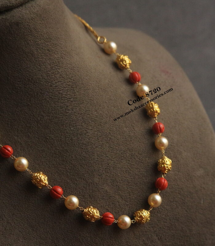 Gold balls with sarvoski pearl and coral pumpkin beads chain