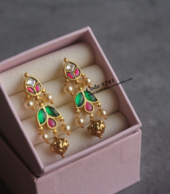 Jadaukundan earrings with antique gold drop and sarvoski pearl drops