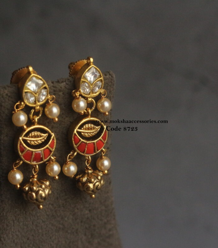 Jadaukundan earrings with antique gold drop and sarvoski pearl drops