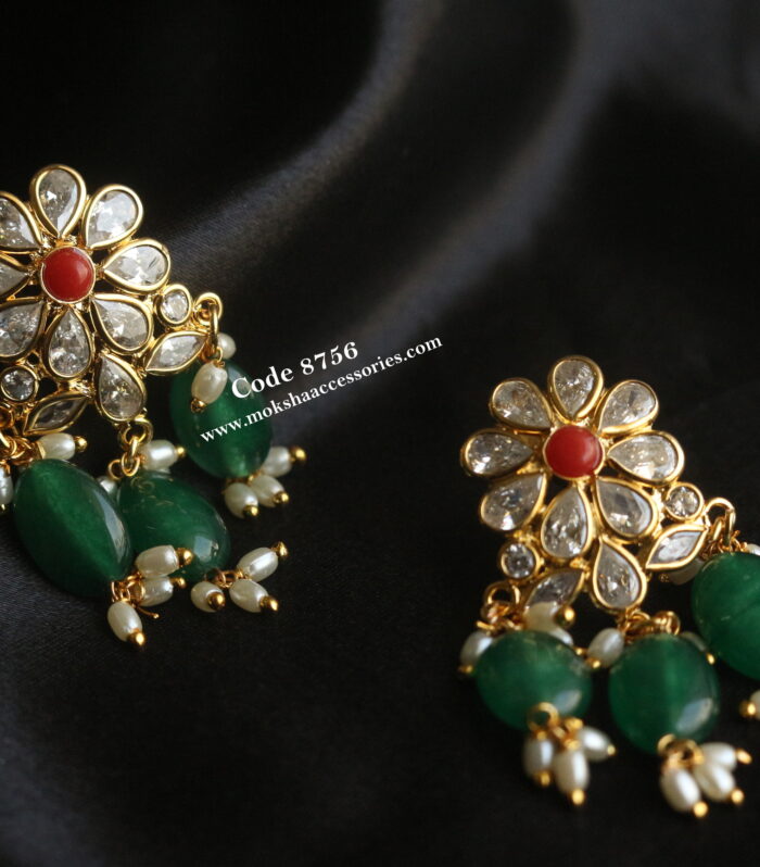 CZ earrings with emerald and pearl drops