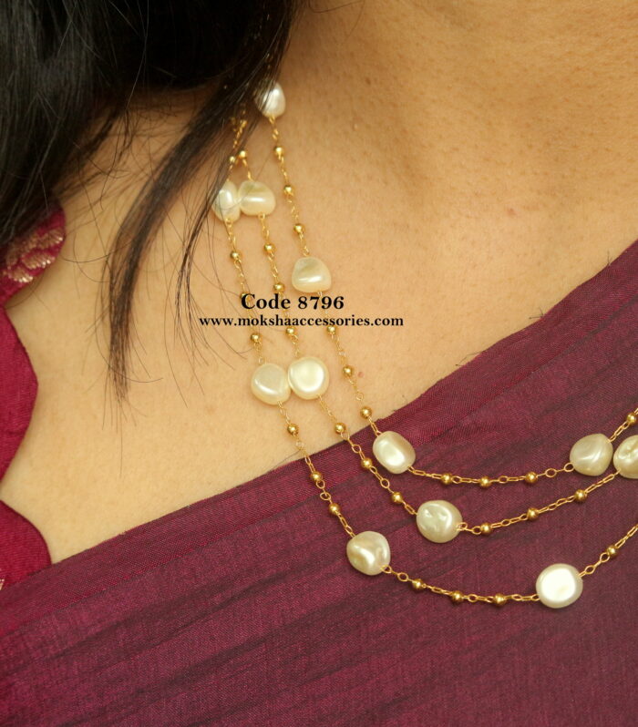 Gold chain with pearls and gold balls 3 layer chain