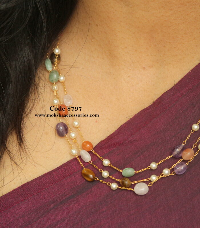 Multicolor beads and pearls 3 layer chain