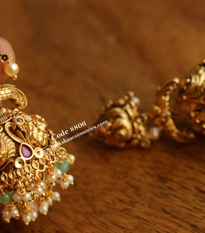 Nakshi jhumki with pearl drops and emerald beads