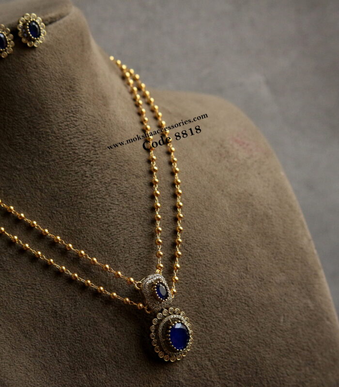 CZ Dark blue stone pendant set with gold 2 layer chain