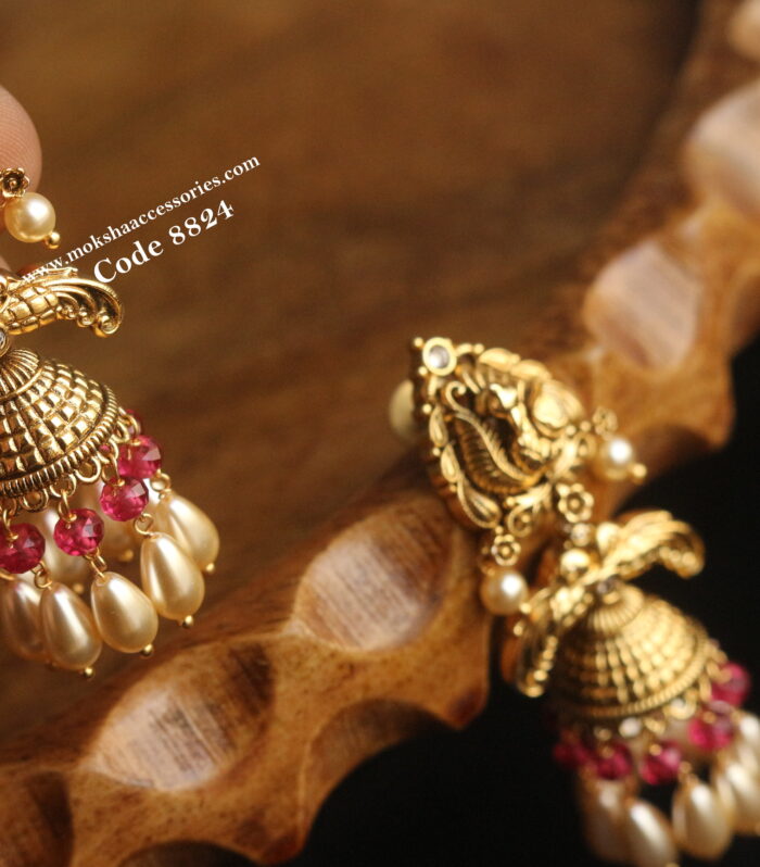Nakshi jhumki with ruby and sarvoski pearls with back screw