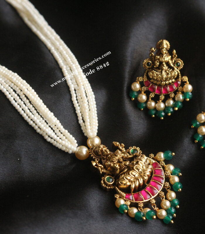 Lakshmi devi pendant set with pearl chain