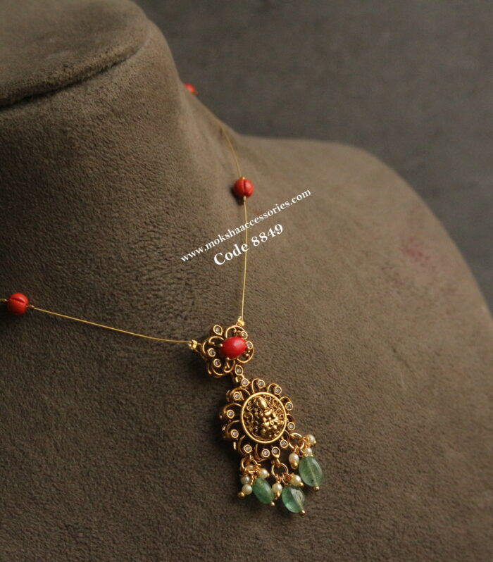 Coral lakshmi devi pendant with pumpkin beads and invisible chain
