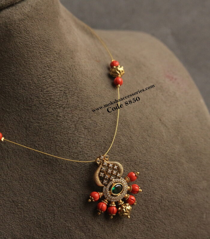 Coral and antique gold drops pendant with invisible chain