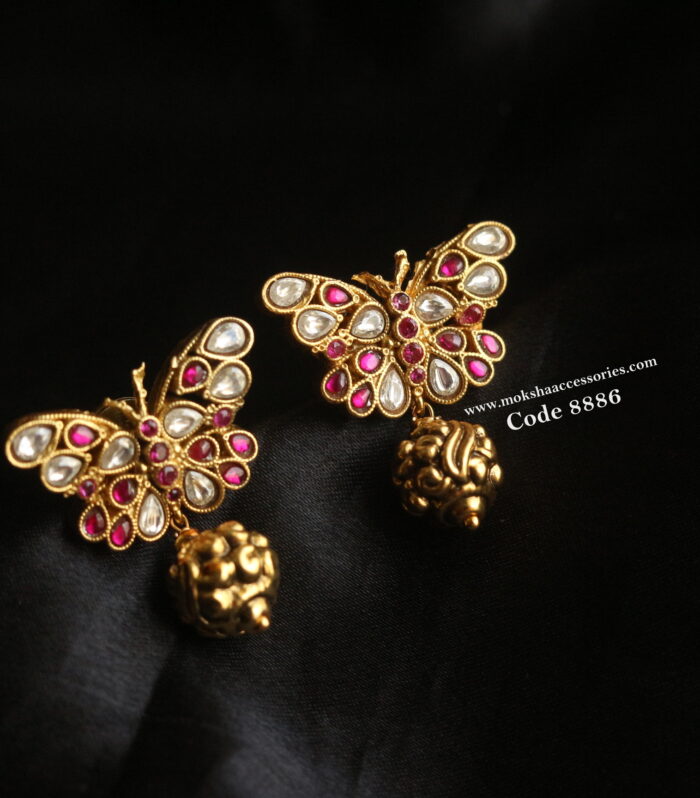 Jadaukundan butterfly studs with gold drop