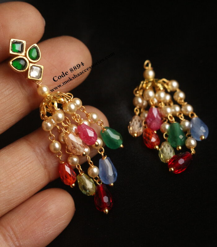 Jadaukundan Changeable cz studs with sarvsoki pearl and real cz multicolor jhumki