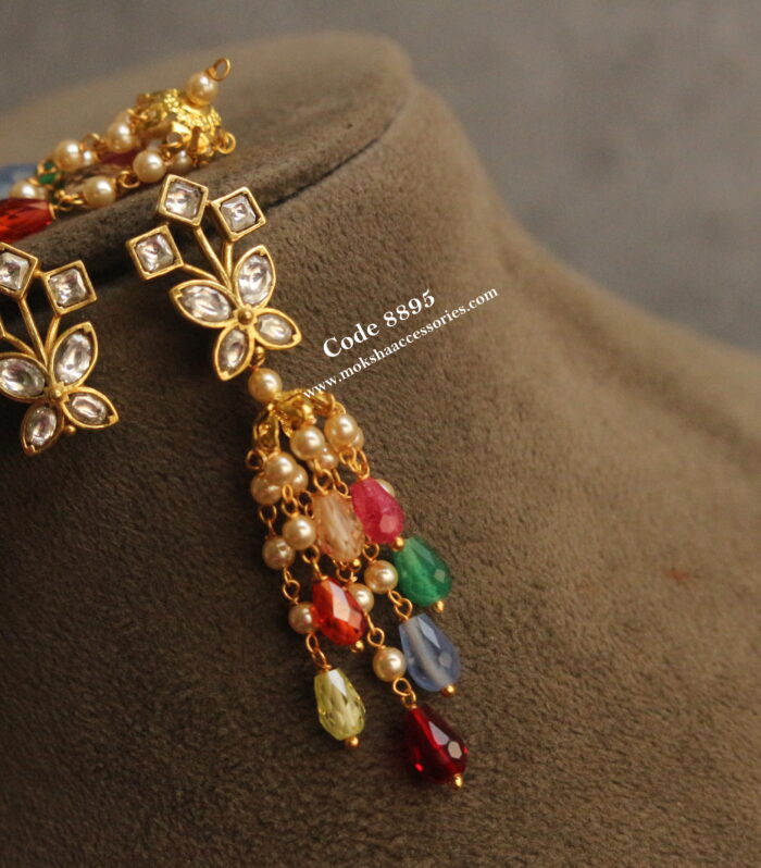 Jadaukundan Changeable cz studs with sarvsoki pearl and real cz multicolor jhumki