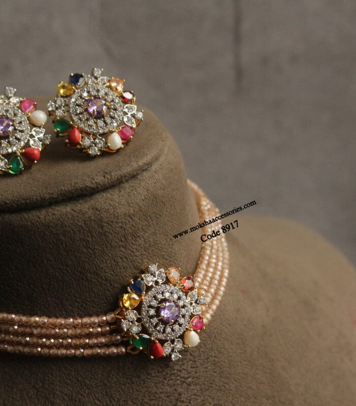 Navrathan choker set with real cz beads