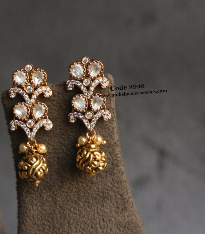 Mozonite stone earrings with antique gold drops