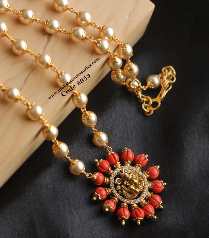 Balaji coral pendant with sarvoski pearl chain