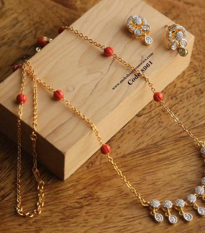 CZ pendant set with gold chain and coral pumpkin beads