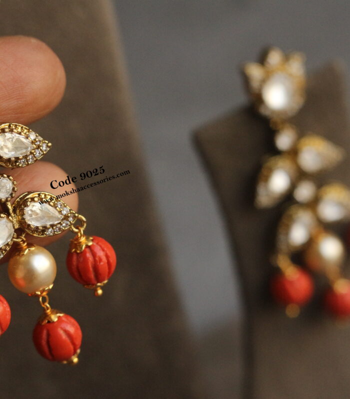 Mozonite stone earrings with real coral pumpkin beads