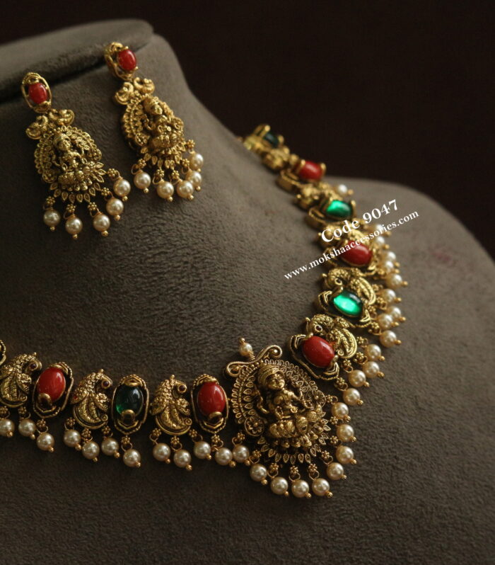 Lakshmi devi coral and emerald nakshi neckset