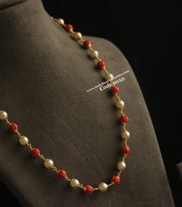 Real coral pumpkin and sarvoski pearl mala