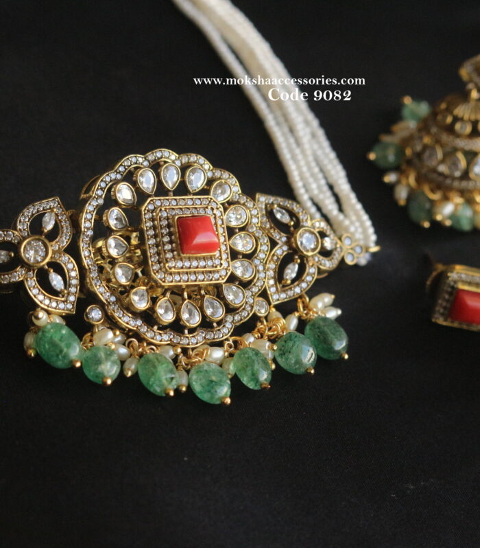 CZ coral choker set with pearl chain