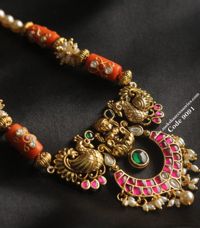 Nakshi lakshmi devi pendant with coral and nakshi balls